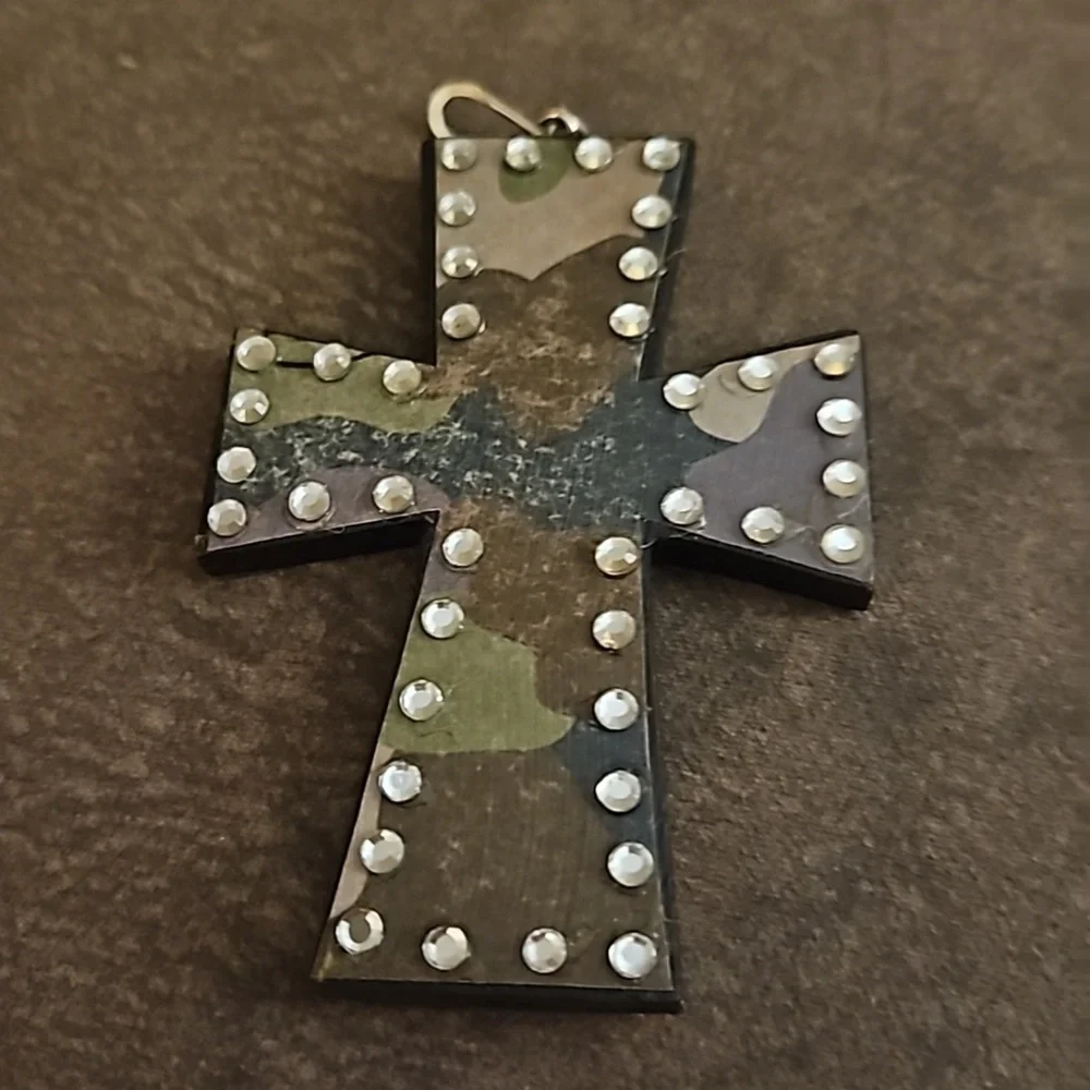 3/$30 Bedazzled Camouflage Wood Cross Pendant